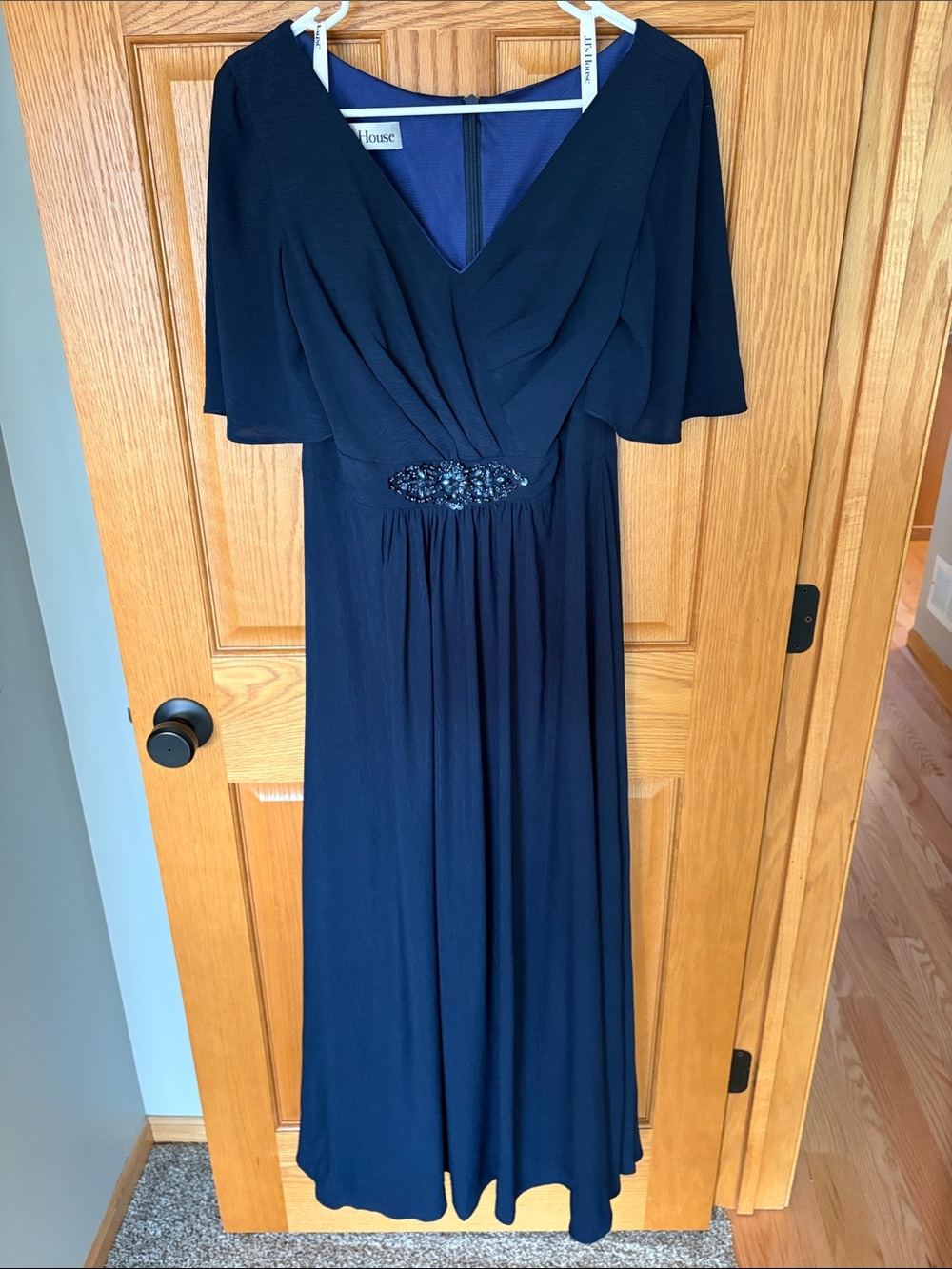 Elegant Navy Blue V-Neck Beaded Waist Evening Dress or Mother of the Bride/Groom